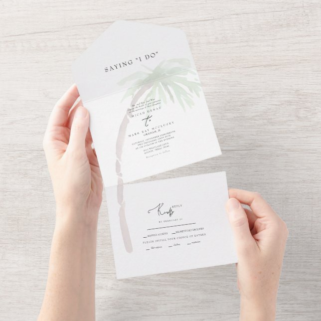 Invitación Todo En Uno Palm Tree tropical dice que hago Boda (desgarro)