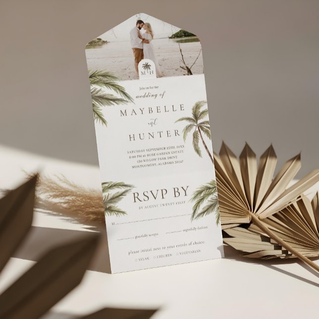 Invitación Todo En Uno Palm Trees acuarelas tropicales Foto Boda Boho (Tropical Watercolor Palm Trees Boho Wedding Photo All In One Invitation)