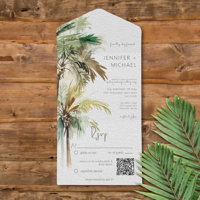 Invitación Todo En Uno Palm Trees Tropicales Código QR moderno (Tropical Palm Trees Modern All in One Wedding Invitation with QR Code)