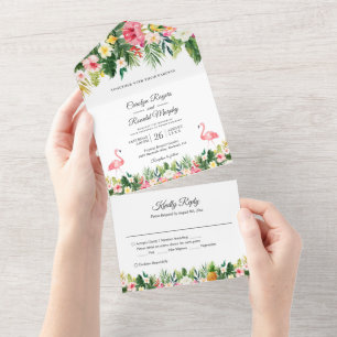 Invitación Todo En Uno Palm tropical Flamingos deja Boda floral