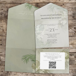 Invitación Todo En Uno Palm Tropical Foliage de Boho deja el código QR de