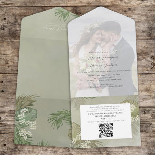 Invitación Todo En Uno Palm Tropical Foliage de Boho Deja Foto Código QR