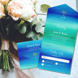 Invitación Todo En Uno Palm Tropical Neon Blue Green Beach Ocean Boda