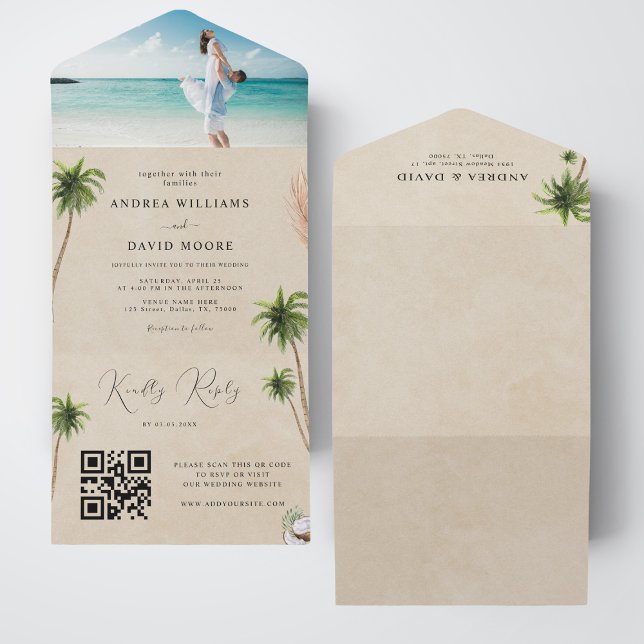 Invitación Todo En Uno Palmeras acuáticas Boda de playa de arena tropical (Subido por el creador)