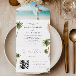Invitación Todo En Uno Palmeras acuáticas Boda de playa de arena tropical