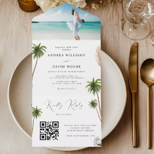 Invitación Todo En Uno Palmeras acuáticas Boda de playa de arena tropical