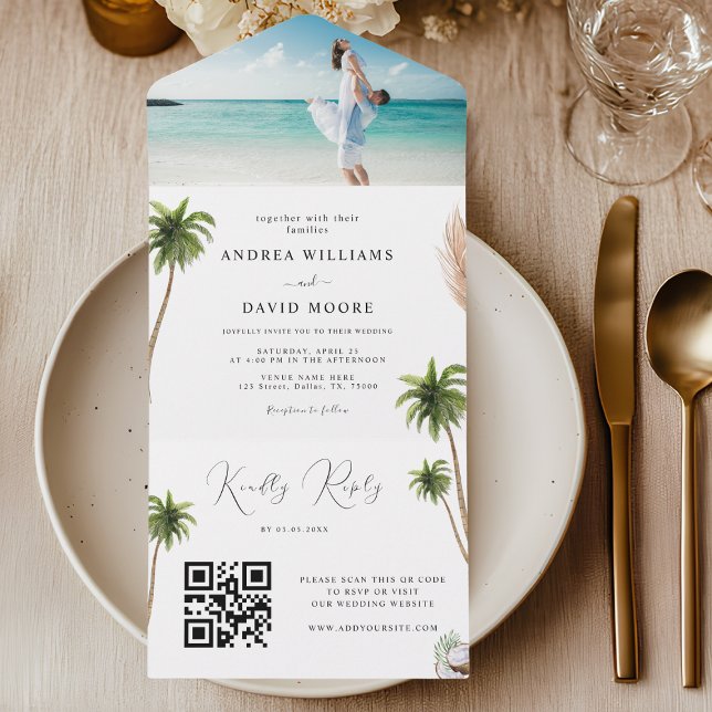 Invitación Todo En Uno Palmeras acuáticas Boda de playa de arena tropical (Subido por el creador)