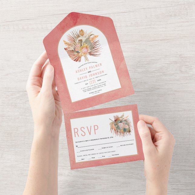 Invitación Todo En Uno Palmeras secas y pampas boda rosa todo en (desgarro)