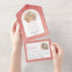 Invitación Todo En Uno Palmeras secas y pampas boda rosa todo en