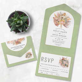 Invitación Todo En Uno Palmeras secas y pampas boda verde sabio