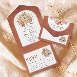 Invitación Todo En Uno Palmeras secas y pampas hierba terracota boda al