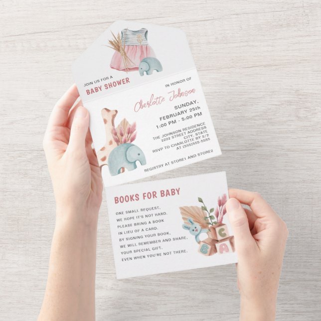 Invitación Todo En Uno Pampas Boho Chica Baby Shower (desgarro)