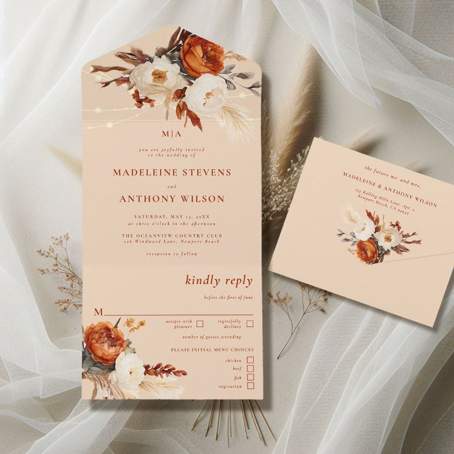 Invitación Todo En Uno Pampas Botánica Rustica Floral Boda Boho Fall (rustic barn wedding invitation all in one burnt orange boho floral botanical rust terracotta cream)