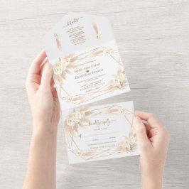 Invitación Todo En Uno Pampas Grass Gold Monograma Todo en Uno Boda A