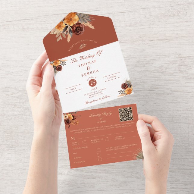 Invitación Todo En Uno Pampas Grass Terracotta QR Código otoño otoño pres (desgarro)
