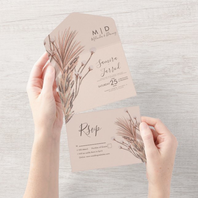 Invitación Todo En Uno Pampas mano desató Boda de tierra bohemia (desgarro)