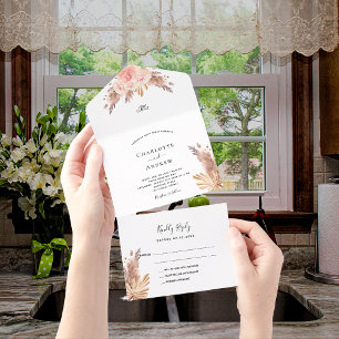 Invitación Todo En Uno Pampas pasto moras rosadas boda boho