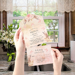 Invitación Todo En Uno Pampas rosa mariposa floral RSVP Bridal Shower
