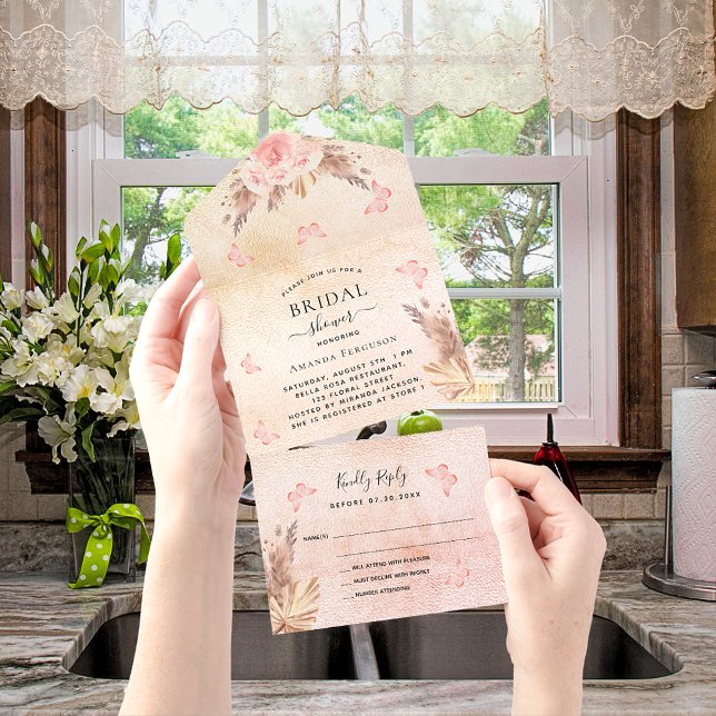 Invitación Todo En Uno Pampas rosa mariposa floral RSVP Bridal Shower (Subido por el creador)