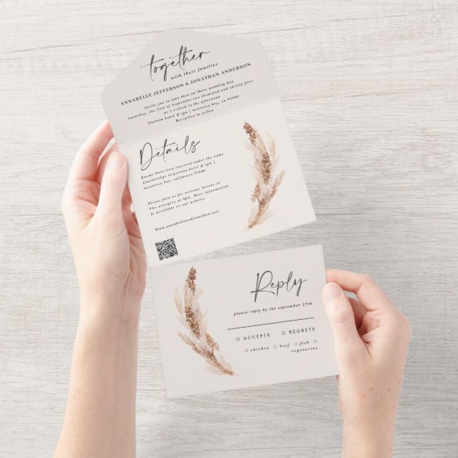 Invitación Todo En Uno pampas rústicas modernas eucalipto boda código QR (desgarro)
