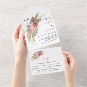 Invitación Todo En Uno Pampas secas hierba y hojas de palma boho boda al