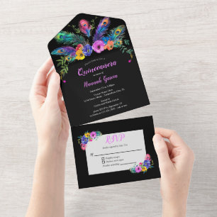 Invitación Todo En Uno Pañuelas de pavo real y flores Quinceañera negra