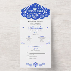 Invitación Todo En Uno Papel azul real picado mis cinco años