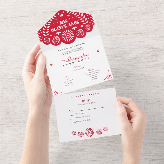 Invitación Todo En Uno Papel rojo picado mis cinco años (desgarro)
