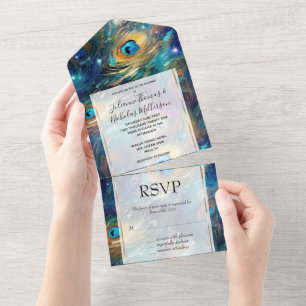 Invitación Todo En Uno Paquetes de pavo real Aqua Turquoise Gold