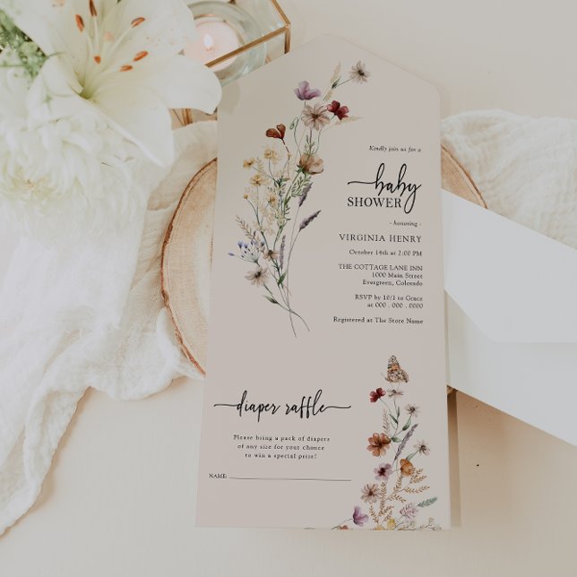 Invitación Todo en Uno para Baby Shower de Flor Si (Watercolor Boho Wildflower Baby Shower All In One Invite by Painted Paperie
)