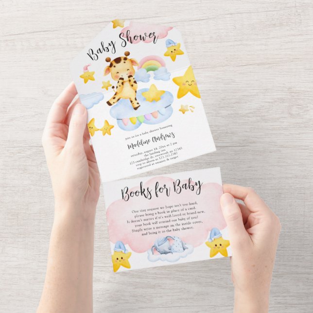 Invitación Todo en Uno para Baby Shower de Jirafa  (desgarro)