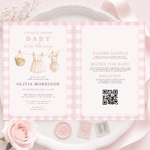 Invitación Todo en uno para Baby Shower de niña rosa cultivad