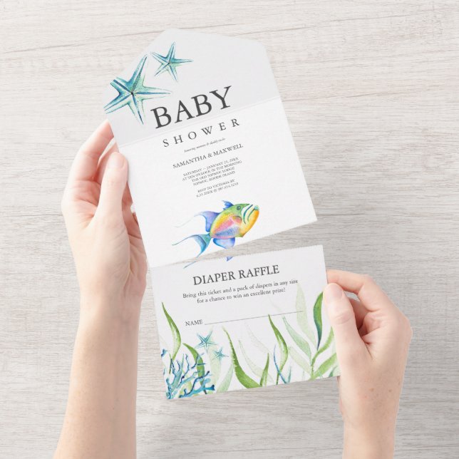Invitación Todo en Uno para Baby Shower de Peces T (desgarro)