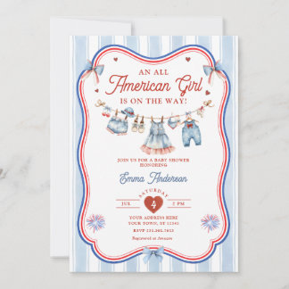 Invitación Todo en uno para Baby Shower Patriótico de Niña Am