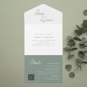 Invitación Todo en Uno para Baby Shower Verde Sage