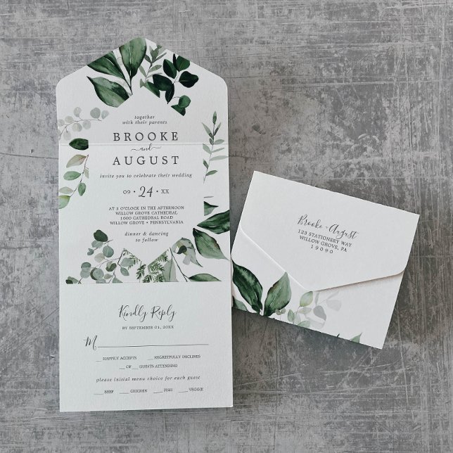 Invitación Todo en Uno para Boda de Verde Esmerald (Emerald Greenery Wedding All In One Invitation)