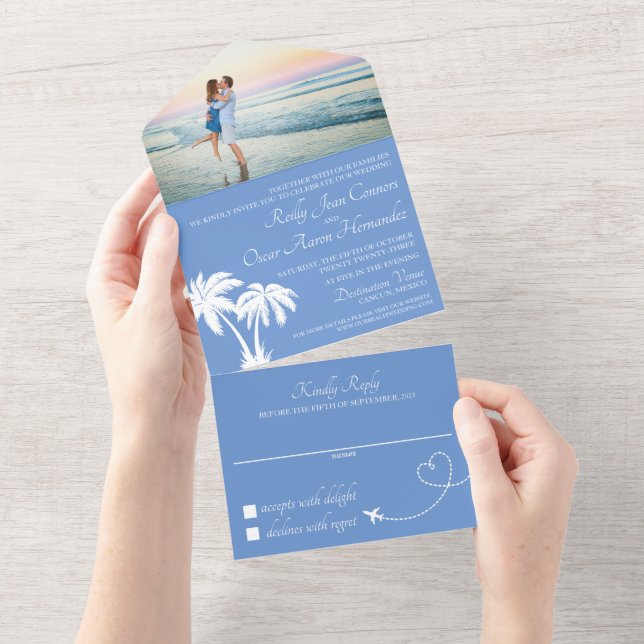 Invitación Todo En Uno para Boda en la Playa Azul (desgarro)