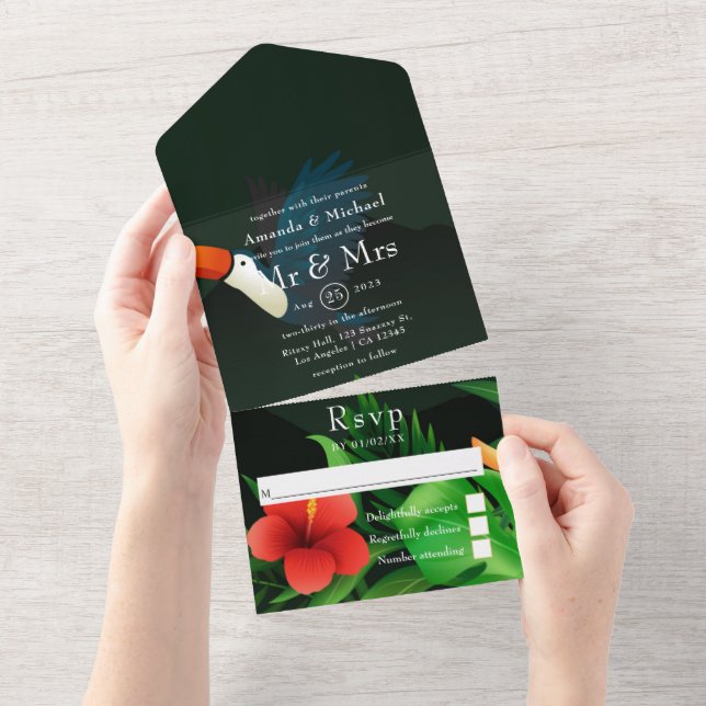 Invitación Todo en Uno para Boda Tropical (desgarro)