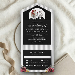 Invitación Todo En Uno Pareja de esqueletos góticos rosas boda negra