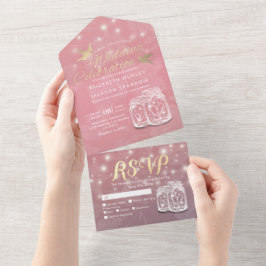 Invitación Todo En Uno Pareja Mason Jar String Luces Boda Floral Rosa