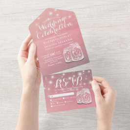 Invitación Todo En Uno Pareja Mason Jar String Luces Boda Floral Rosa
