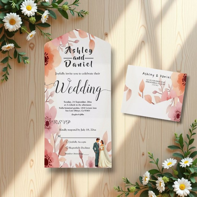 Invitación Todo En Uno Pareja romántica acuarela Floral Boda de verano (Subido por el creador)