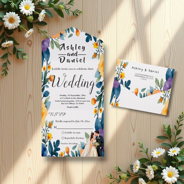 Invitación Todo En Uno Pareja romántica acuarela Floral Boda de verano (Subido por el creador)