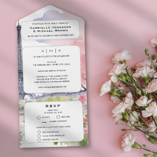 Invitación Todo En Uno París Francia Romántico Acuarela Torre Eiffel Rosa