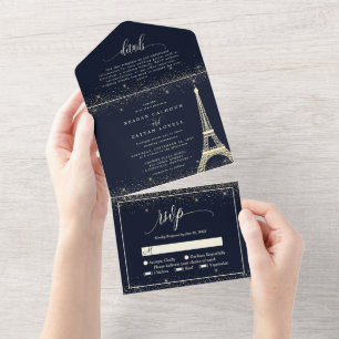 Invitación Todo En Uno Paris Torre Eiffel Azul Marino Dorado Brillo Boda 