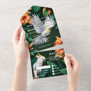Invitación Todo En Uno Parroquia de cacatúa de jungla hibiscus monstera