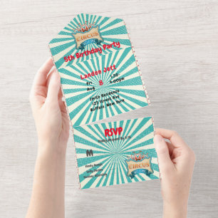 Invitación Todo En Uno Partido de Cumpleaños del Circo Rojo verde azulado