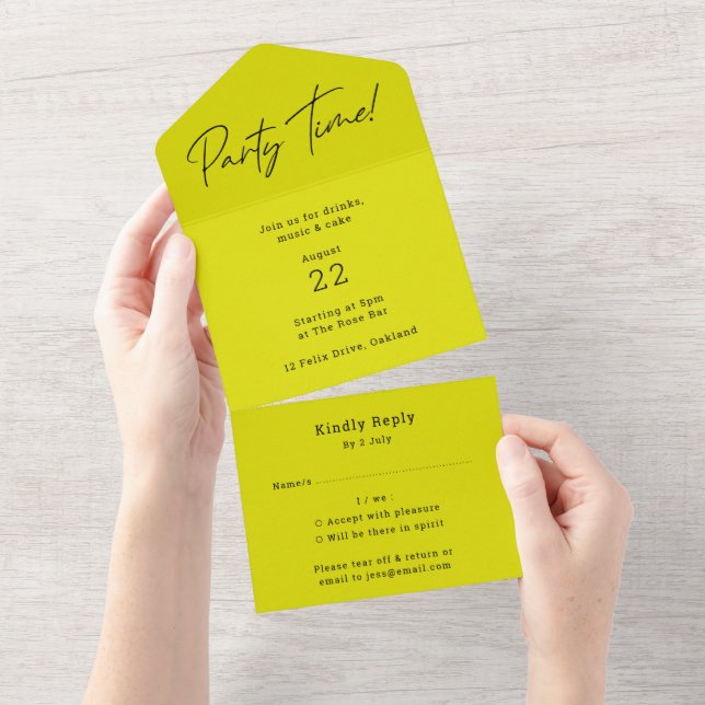 Invitación Todo En Uno Party Time | Estilo Minimalista moderno y verde li (desgarro)