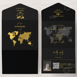 Invitación Todo En Uno Pasaporte Mundial de Boda de Destino Negro Oro