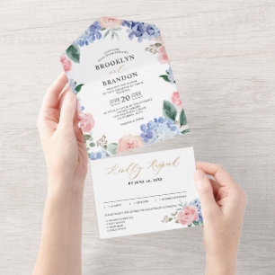 Invitación Todo En Uno Pastel azul turbio Hidráneas rosas Boda todo en O